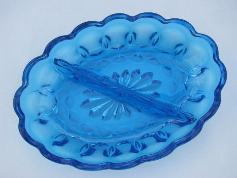 capri aqua blue glass, 1960s vintage divided bowl or pickle dish, perfect