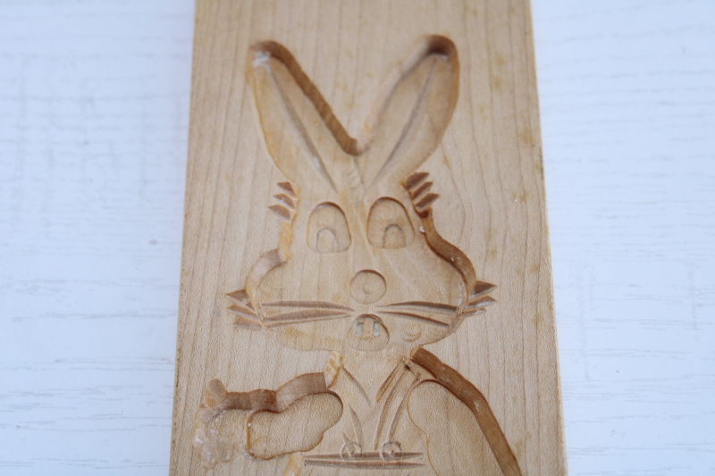 carved wood cookie mold, large Easter bunny rabbit, vintage folk art style