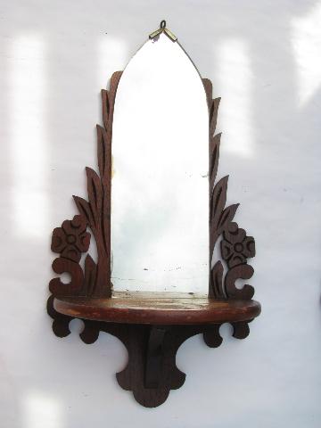 cathedral window fretwork, pair early 1900s walnut bracket shelves w/ mirrors