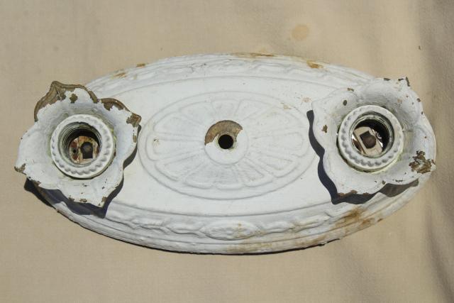 chalk white paint antique embossed brass ceiling light fixture, early electric vintage lighting 