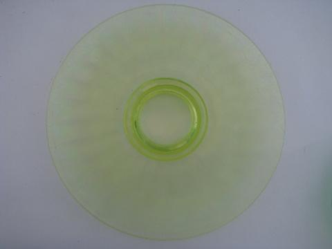 chartreuse plate and green bowl, vintage Fenton irridescent stretch glass