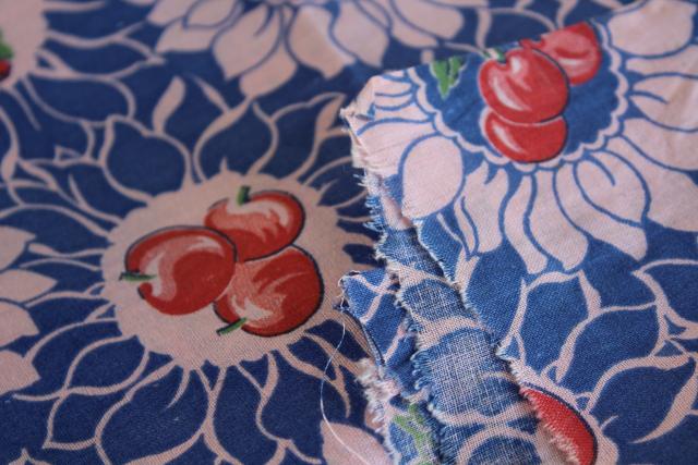 cherries berries light cotton fabric, mid-century vintage pink red blue fruit print