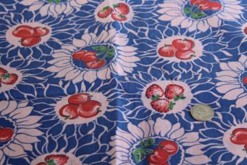 cherries berries light cotton fabric, mid-century vintage pink red blue fruit print