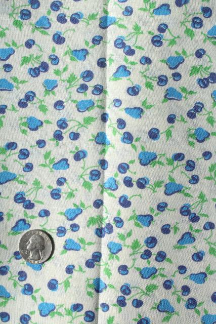 cherries & pears blue and white print cotton feedsack fabric, 40s 50s vintage