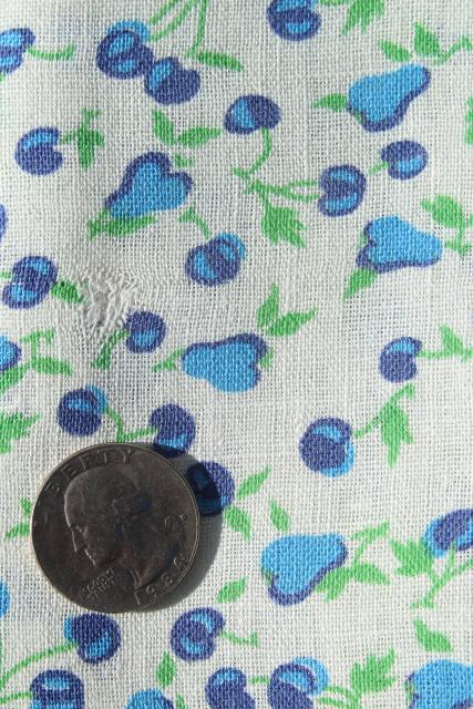 cherries & pears blue and white print cotton feedsack fabric, 40s 50s vintage