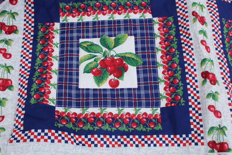 cherries print cotton red white blue picnic blanket porch quilt handmade vintage