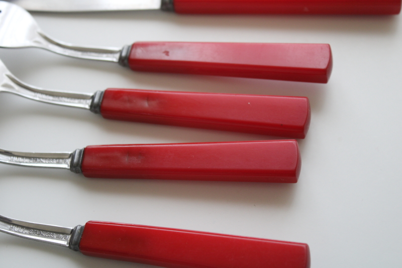 cherry red bakelite forks  knives set for four, mid century modern vintage flatware