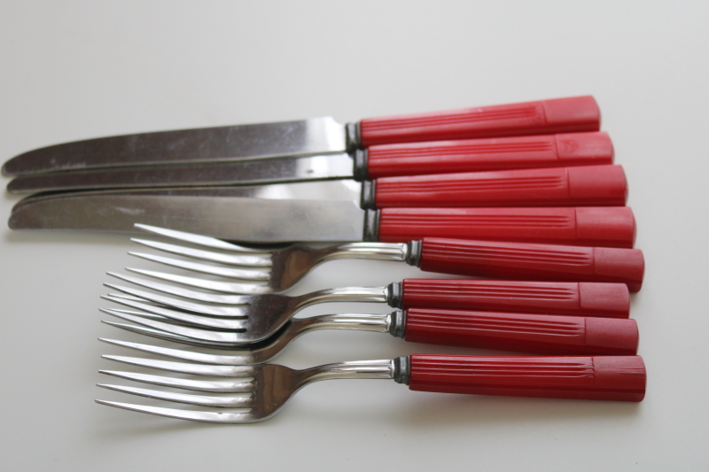 cherry red bakelite forks  knives set for four, mid century modern vintage flatware