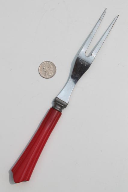 cherry red bakelite handle meat fork, red handled vintage kitchen utensil