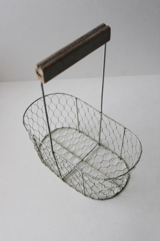chicken wire egg basket w/ wood handle, modern farmhouse rustic decor