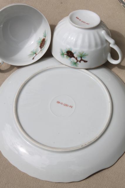 china snack sets w/ rustic pine pinecones pattern plates & tea cups, vintage holiday dishes