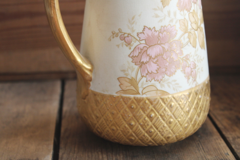 chinoiserie peonies antique china chocolate pot w/ hand painted floral  gold 1880s vintage