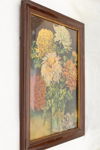 chrysanthemums antique color litho print still life floral picture in old wood frame