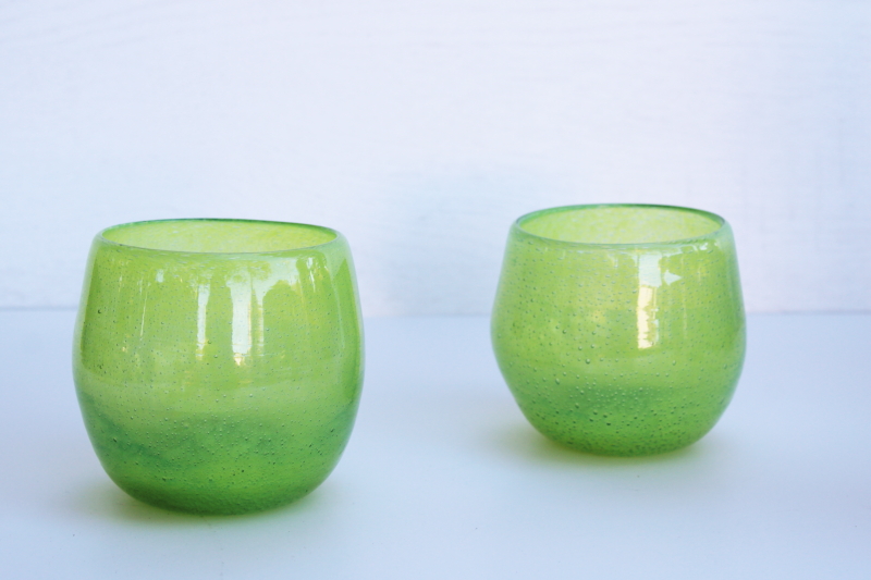 chunky roly poly tumblers or stemless wine glasses, hand blown artisan glass lime green