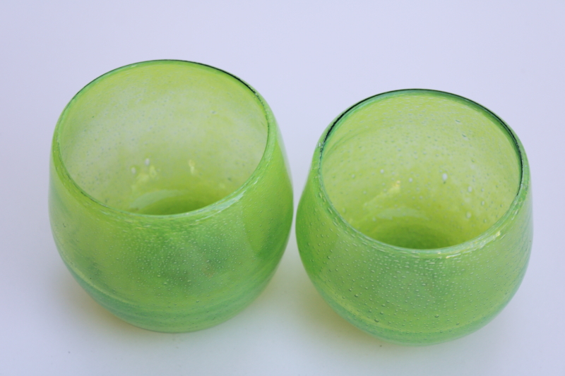 chunky roly poly tumblers or stemless wine glasses, hand blown artisan glass lime green