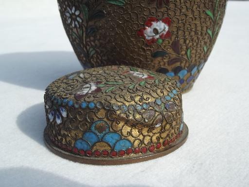 cloisonne enamel brass Chinese tea caddy, old chinoiserie ginger jar 