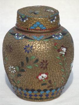 cloisonne enamel brass Chinese tea caddy, old chinoiserie ginger jar 