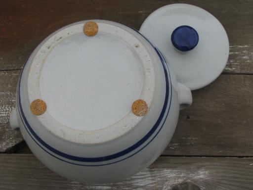 cobalt blue band stoneware pottery bean pot or casserole, vintage Japan