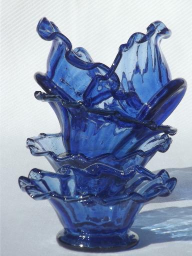 cobalt blue hand-blown glass bowls, vintage Mexican art glass glassware