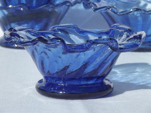 cobalt blue hand-blown glass bowls, vintage Mexican art glass glassware