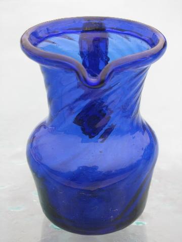 cobalt blue swirl hand-blown glass pitchers, vintage Mexican art glass