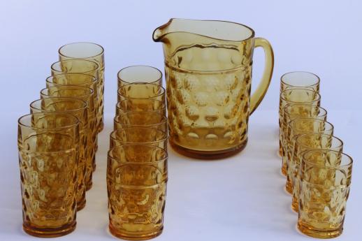coin spot thumbprint amber glass pitcher & tumblers, vintage Hazel Atlas Americana glassware set