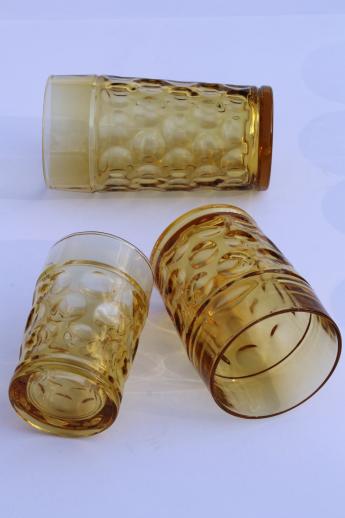 coin spot thumbprint amber glass pitcher & tumblers, vintage Hazel Atlas Americana glassware set