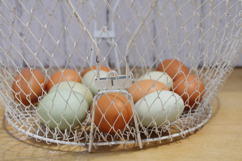 collapsible vintage wire egg basket w/ shabby chippy paint, french country kitchen style