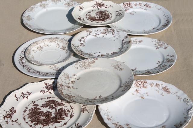 collection of old antique brown transferware ironstone china plates in mismatched patterns