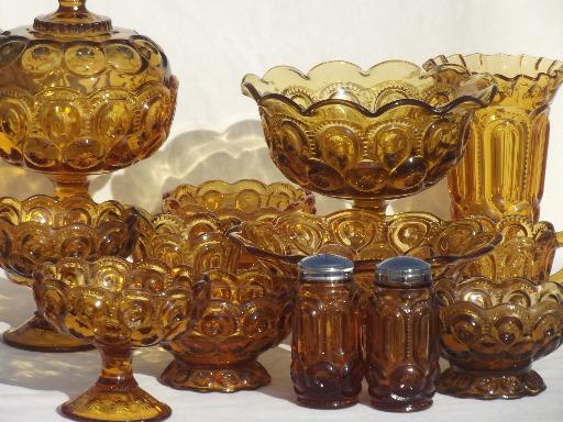 Collection Of Vintage Amber Glass Moon And Star Pattern Glassware Bowls Vases Etc