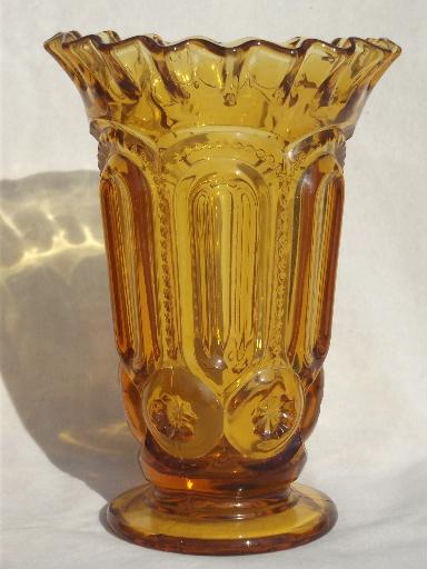 collection of vintage amber glass moon & star pattern glassware, bowls, vases etc.
