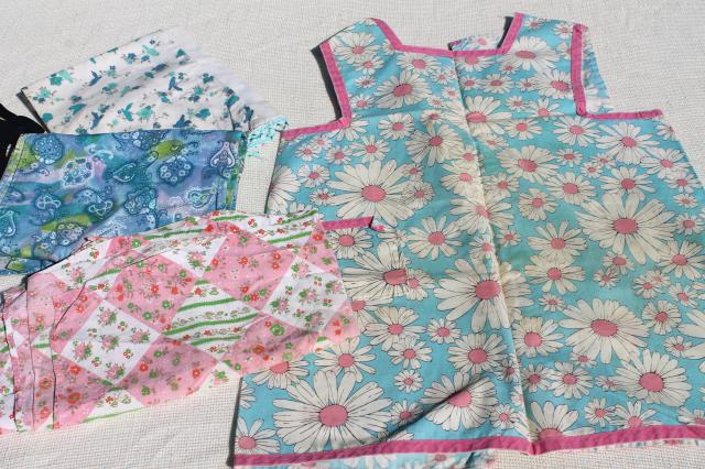 collection of vintage aprons, retro prints and colors, pinafore, kitchen smock & half aprons