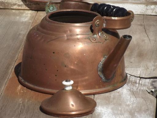 collection of vintage copper kettles, whistling tea kettle & teapots