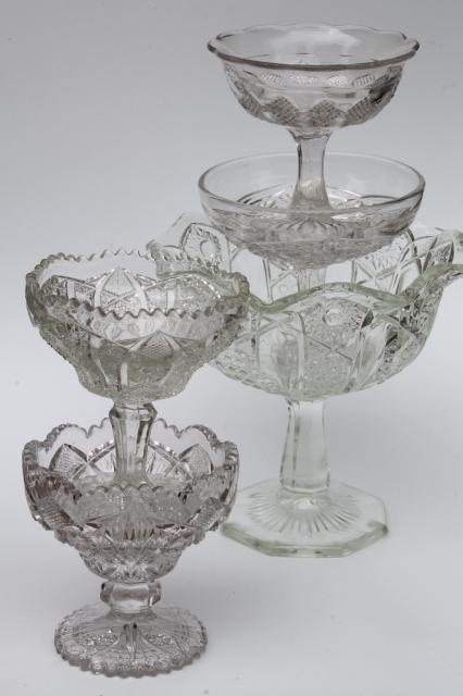 collection of vintage crystal clear glass compote bowls, candy dishes, dessert stands