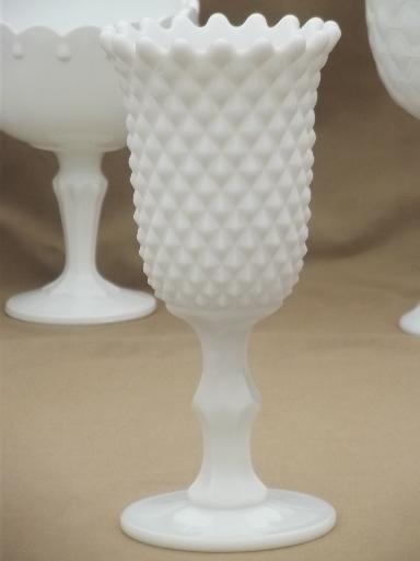 collection of vintage milk glass vases, pedestal bowls, compotes each different