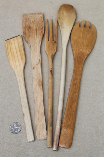 collection of vintage wooden kitchen utensils, wood spoons, meat tenderizer mallets