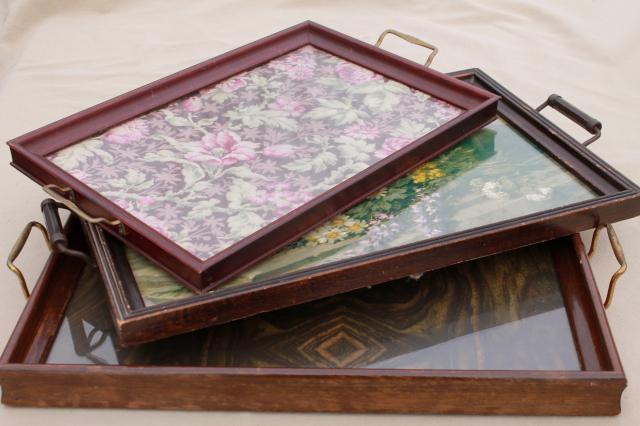 collection of wood frame trays, antique vintage glass topped serving tray lot