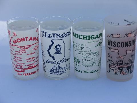 collection retro state map vacation souvenir glasses, vintage Hazel Atlas etc.