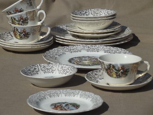 colonial couple pattern luncheon set, vintage W S George china w/ french scenes