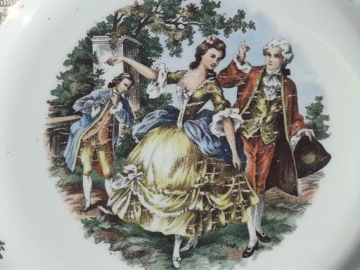 colonial couple pattern luncheon set, vintage W S George china w/ french scenes