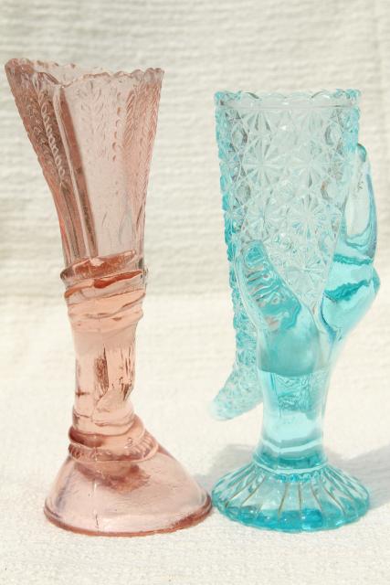 colored glass figural flower vases, pressed glass lady hand holding vase collection