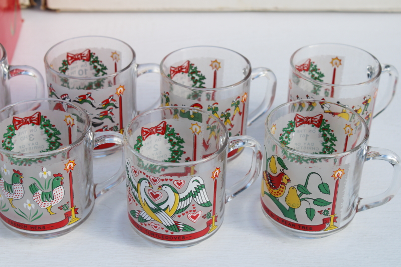 complete set 12 Days of Christmas print glass coffee or cocoa mugs in Carlton box, 1980s vintage