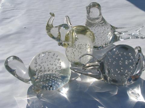 controlled bubbles vintage art glass paperweights, crystal bird, turtle, elephant, mouse