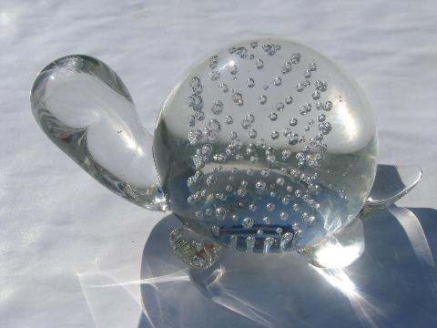controlled bubbles vintage art glass paperweights, crystal bird, turtle, elephant, mouse