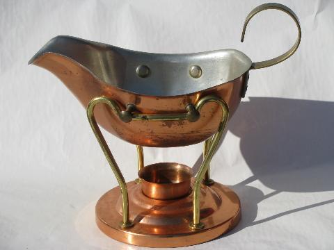 copper and brass gravy or sauce boat, pitcher on candle warmer stand
