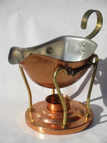 copper and brass gravy or sauce boat, pitcher on candle warmer stand