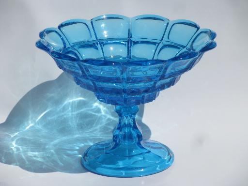 copper blue block pattern compote bowl, Fostoria reproduction Sandwich glass