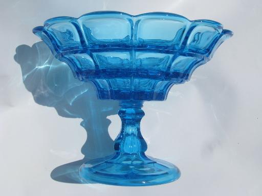 copper blue block pattern compote bowl, Fostoria reproduction Sandwich glass