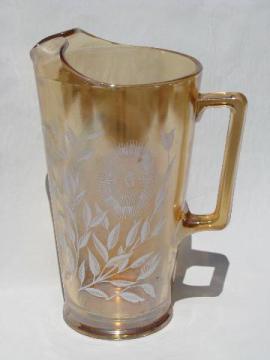 copper tint peach luster vintage kitchen glass pitcher, white flowers