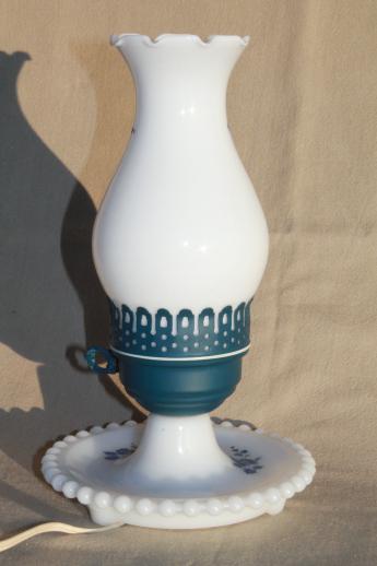 cottage chic vintage milk glass lamp w/ hurricane shade, blue chintz floral